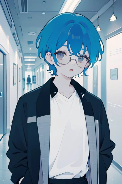 1 zombie, mature, man, White shirt,jacket, Cute,  anime,blue hair, White skin, gray eyes,School Corridor, glasses