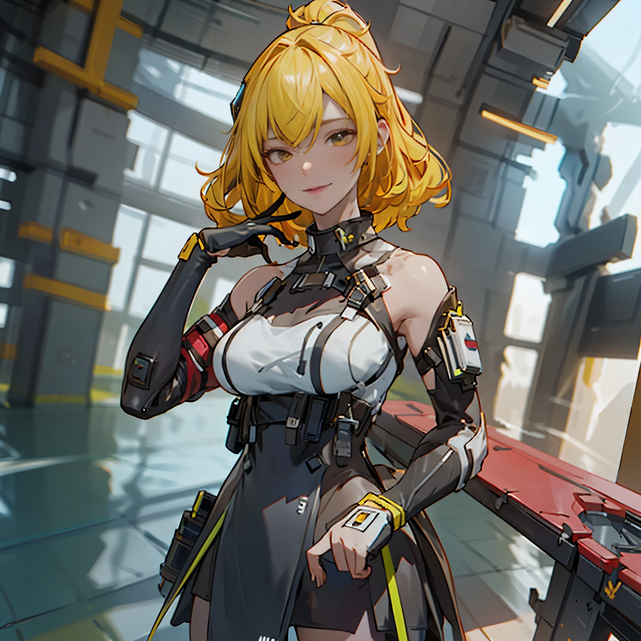 ((Best quality)), ((masterpiece)), (detailed:1.4), 3D, an image of a beautiful cyberpunk female, short yellow hair, red eyeys,HDR (High Dynamic Range),Ray Tracing,NVIDIA RTX,Super-Resolution,Unreal 5,Subsurface scattering,PBR Texturing,Post-processing,Anisotropic Filtering,Depth-of-field,Maximum clarity and sharpness,Multi-layered textures,Albedo and Specular maps,Surface shading,Accurate simulation of light-material interaction,Perfect proportions,Octane Render,Two-tone lighting,Wide aperture,Low ISO,White balance,Rule of thirds,8K RAW,