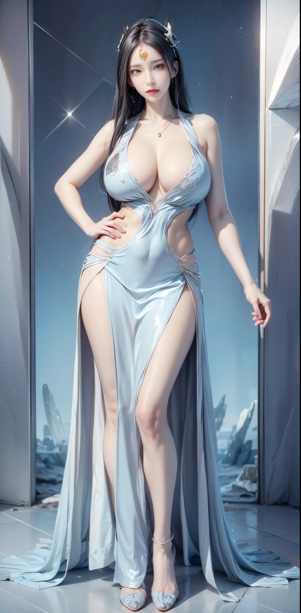 realistic, 1 women, best quality, 12k, HD, long hair, big round breasts, cleavage, ponytail, necklace, jewelry, shorts, short jacket, slim hips, hair tie, yellow eyes, black hair, super detailed, Eye details, hair details, person details, mouth details, face details, breast details, clothes details, hair details, pants details, hand details, whole body