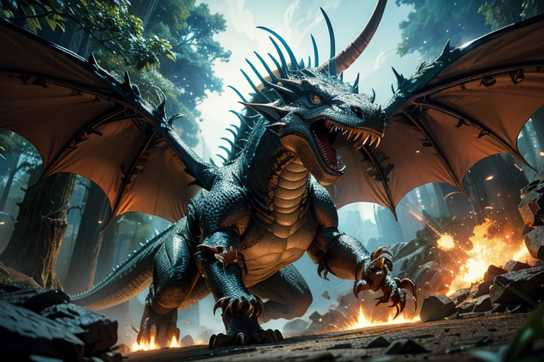 A wide shot of A prehistoric dragon and a futuristic dragon clash in a battle that spans the agesf, The battle takes place in a vast, ancient forest.The prehistoric dragon breathes fire, while the futuristic dragon fires lasers from its eyes.The prehistoric dragon is larger and stronger, but the futuristic dragon is faster and more agile. (Realistic, Cinematic, 8k detail)