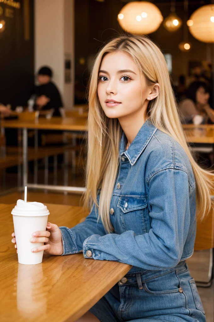 Pretty woman in cafe with blonde and long hair sitting at table、Coffee cup on the table