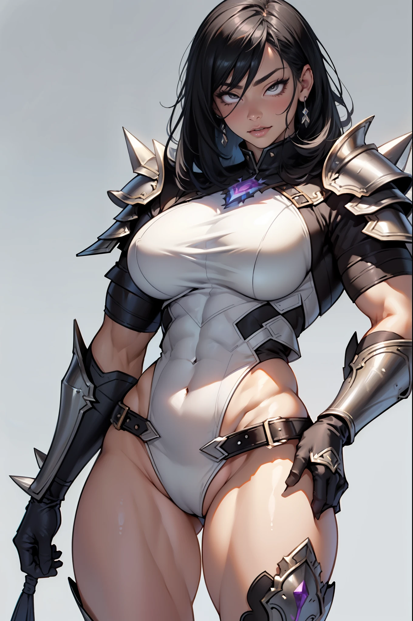 (high resolution, pixel perfect, gorgeous illustrations), (hyper quality, muste piece, etheric: 1.4),(solo:1.4), black hair, ((spike hair)), pale skin, (((((((muscular))))))), ((thick thighs)), (((wide hips))), ((Big breasts that are about to burst)), (((woman))), ((((mature woman)))), (((wh_chi_armor))), (High-leg armor), (lewd girl), ((gray background)), (shiny skin), ((overexposure)), ((facial lash)), ((Ahegao)), rolling eyes,