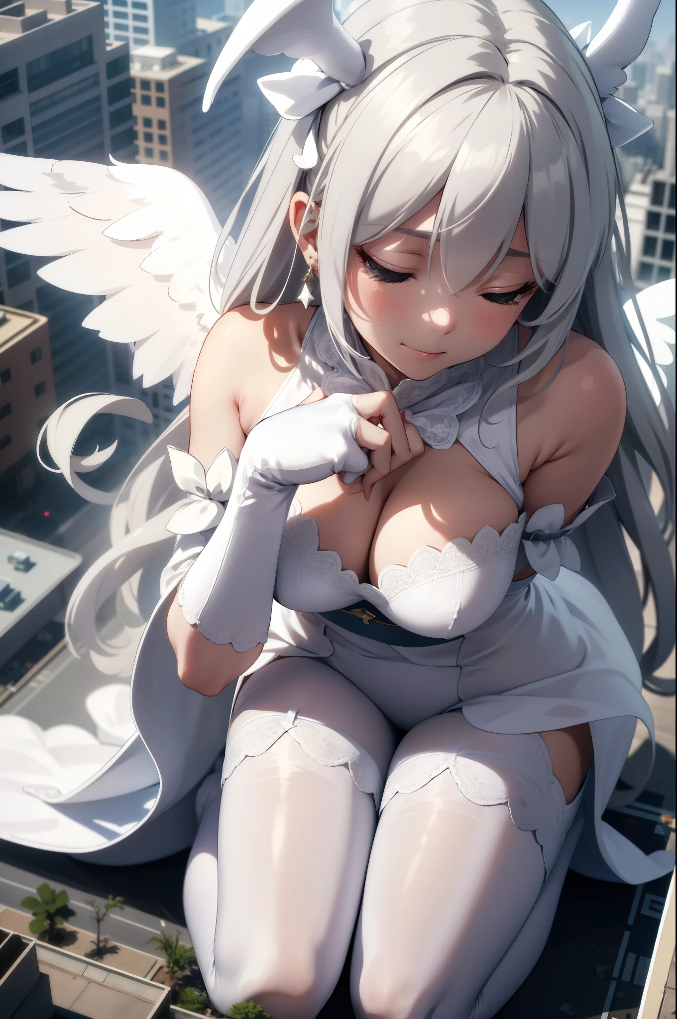 Aerial View,giant girl 50,000 feet high,Weight 1000kg,Has a pair of huge white angel wings,With huge devil horns on his head,A white crown on the head,Wearing white earrings,She has long white hair that reaches her feet,loose hair,White wavy long curly hair,Wearing a pair of white boots,White lace gloves,White lace pantyhose,Pantyhose with bow and star decorations,白色蕾丝whole body,Standing upright on a small city,Beautiful appearance,Exquisite makeup,quality,8k,高quality,Perfect proportion, Cinema lighting,film grain,Fuji colors,8k,textured skin,Super details,high detail,high resolution,fake smile,blood stains,脚底有blood stains,whole body,Obese,feather,kneeling