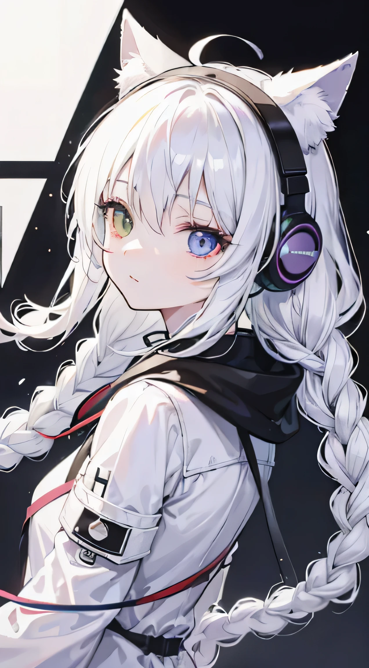striped hair, white hair, Heterochromia, headphones with cat ears, long braids, Cubist futurism, chiaroscuro, backlight, 16k, anatomically correct, best quality, high detail