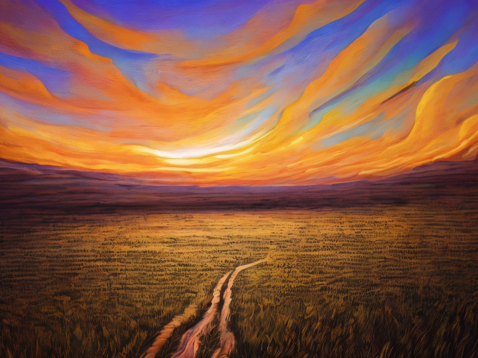 Paint a painting of a sunset with a path on a meadow plain, beautiful digital painting, Gorgeous digital painting, digital landscape art, stunning digital painting, Fantastic landscape, digital painting highly detailed, digital painted, low details. Digital painting, Detailed digital painting, highly detailed digital painting, lindo cenario, very detailed digital painting, vibrant digital painting, Amazing landscape, Beautiful landscape