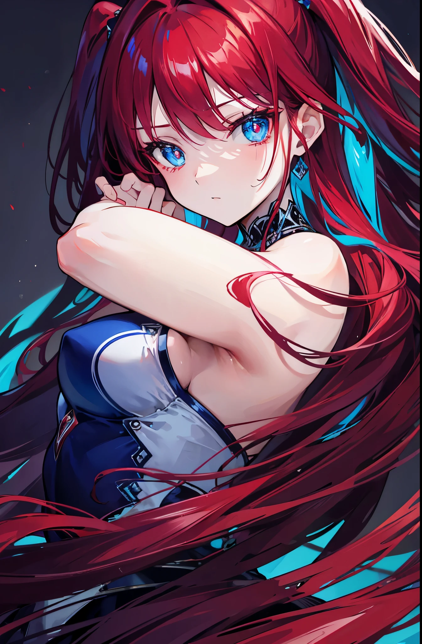 Blue pupils,Dark red and white gown,Long crimson hair,Extremely stunning,glow,super beautifulgirl