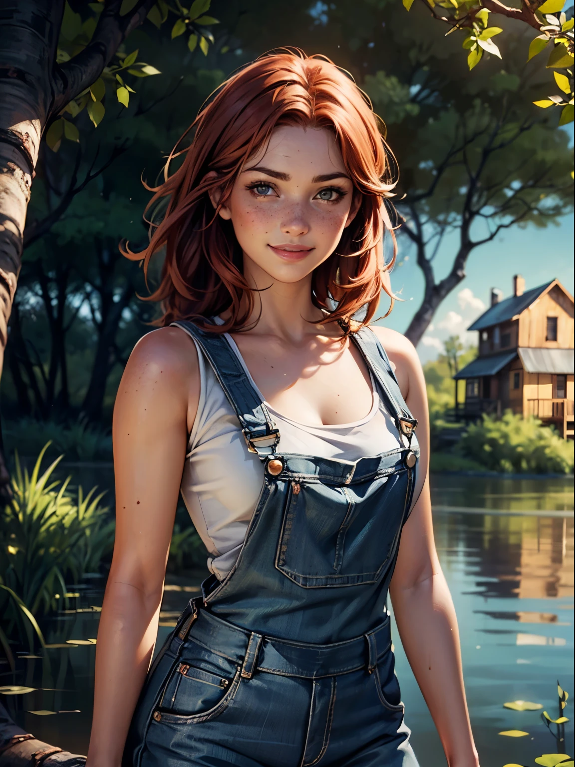 (best quality, masterpiece), vibrant colors, gorgeous skinny "farmer", seductive smiling to camera, (dressed in denim overalls only:1.6), in a epic outdoor nature scene, thick eyebrows, very short blonde hair, morning light, (nsfw:1.9), (undressed under overalls:1.8), nasty, lewd, provocative, nudity, gorgeous, (very pale skin:1.4), (very large wide hips:1.6), (thick thighs:1.5), (nasty provocative:1.4),