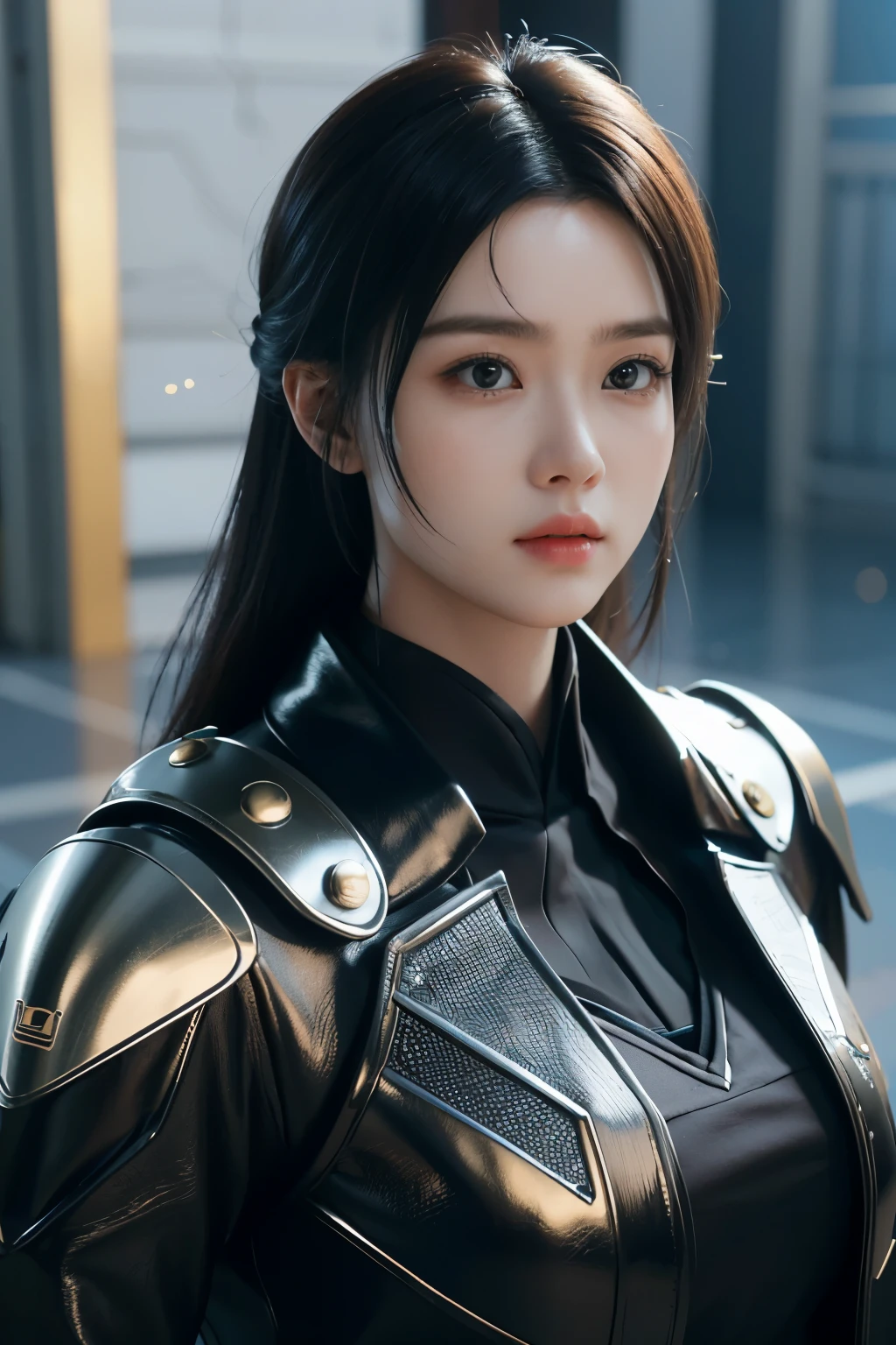 Game art，The best picture quality，Highest resolution，8K，((A bust photograph))，((Portrait))，(Rule of thirds)，Unreal Engine 5 rendering works， (The Girl of the Future)，(Female Warrior)， 22岁少女，(Female hackers)，(Ancient Oriental hairstyle)，(A beautiful eye full of detail)，(Big breasts)，(Eye shadow)，优雅迷人，冷漠，((Frown))，(Battle wear full of futuristic tech，Clothing combines futuristic power armor and police uniforms，The garments are adorned with glittering patterns and badges)，赛博朋克人物，未来风格， 拍照姿势，城市背景，Movie lights，Ray tracing，Game CG，((3D Unreal Engine))，oc渲染反射纹