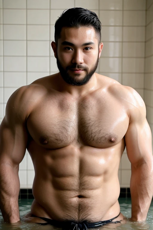 ((best quality)), ((masterpiece)), (detailed), perfect plump muscle hairy body japanese man personal trainer, beard, wet, bath, nipples, hairy chest