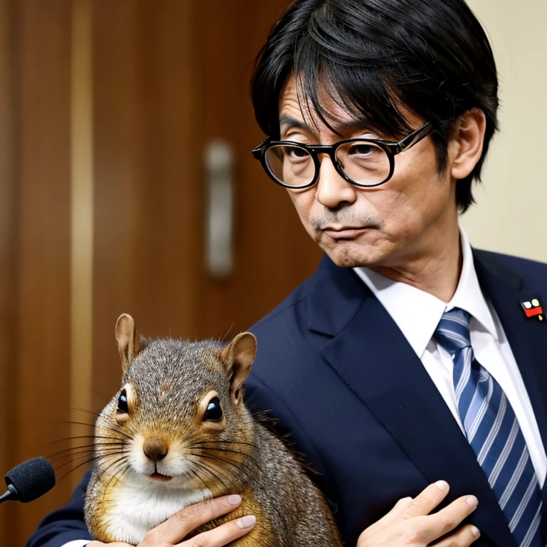Japanese, male, uncle, suit figure, politician, wearing 3D glasses, serious expression, Hair is black, hair is short, carrying a squirrel on his shoulder, Holding a press conference