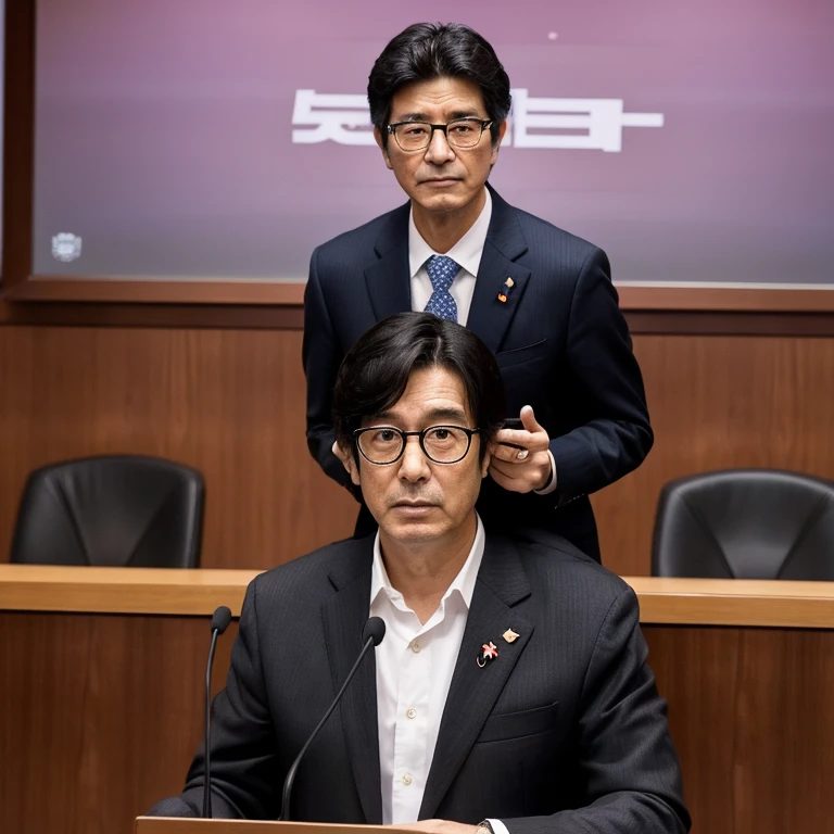 2 Japanese people sitting opposite each other in 1 interview, brown desk and chair, sitting in Japanese style office