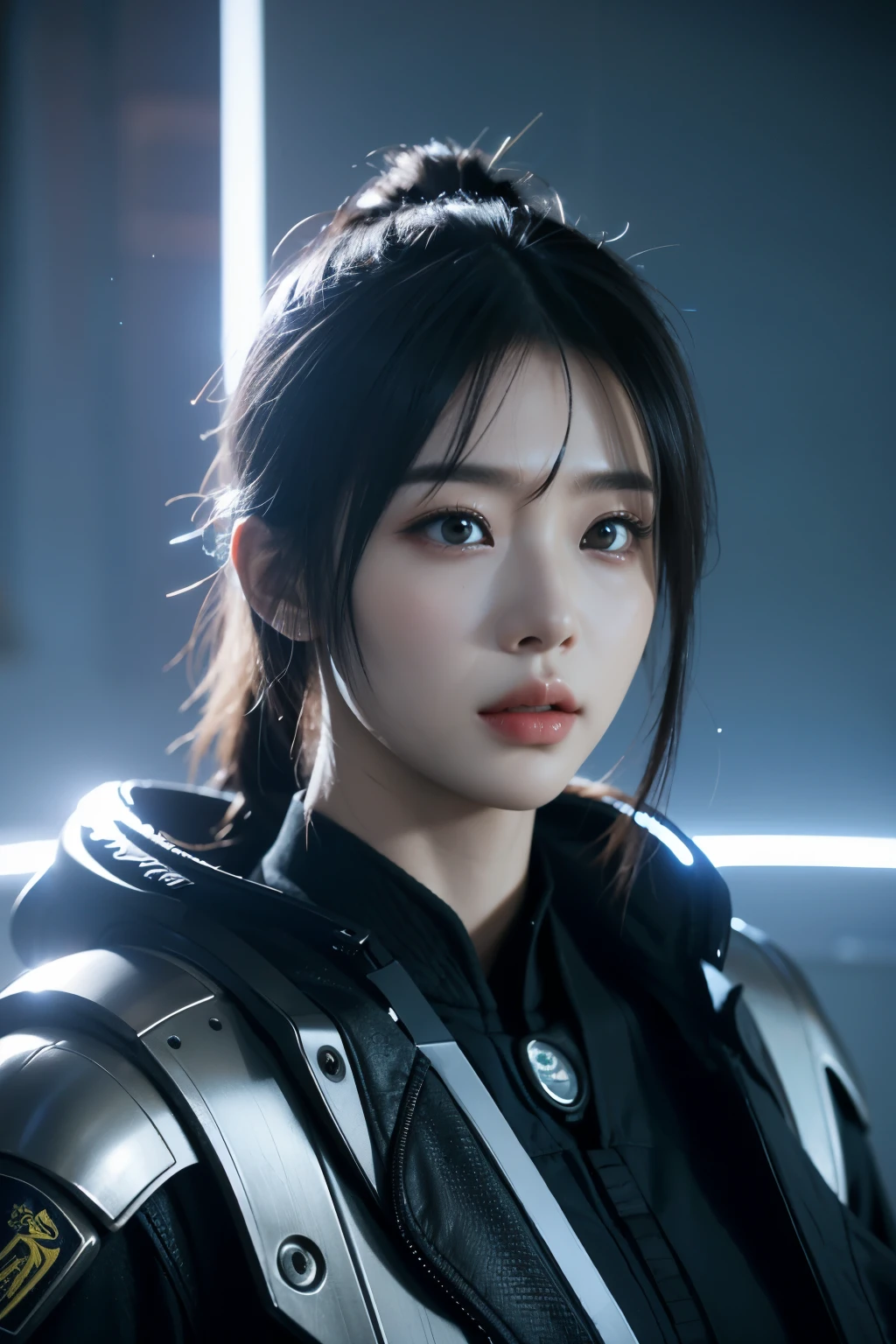 Game art，The best picture quality，Highest resolution，8K，((A bust photograph))，((Portrait))，(Rule of thirds)，Unreal Engine 5 rendering works， (The Girl of the Future)，(Female Warrior)， 22岁少女，(Female hackers)，(Ancient Oriental hairstyle)，(A beautiful eye full of detail)，(Big breasts)，(Eye shadow)，优雅迷人，冷漠，((Frown))，(Battle wear full of futuristic tech，Clothing combines futuristic power armor and police uniforms，The garments are adorned with glittering patterns and badges)，赛博朋克人物，未来风格， 拍照姿势，城市背景，Movie lights，Ray tracing，Game CG，((3D Unreal Engine))，oc渲染反射纹