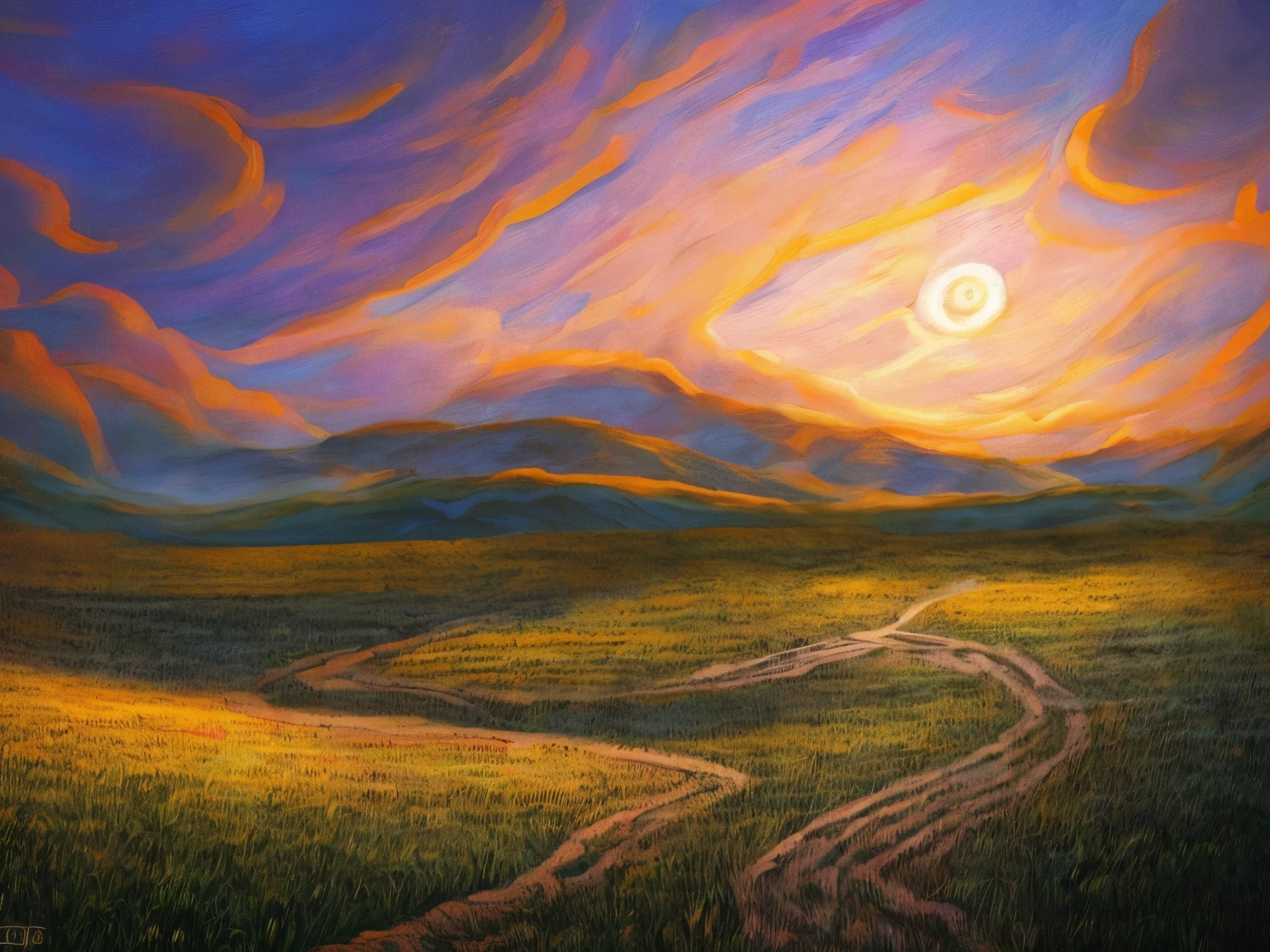 Paint a painting of a sunset with a path on a meadow plain, beautiful digital painting, Gorgeous digital painting, digital landscape art, stunning digital painting, Fantastic landscape, digital painting highly detailed, digital painted, low details. Digital painting, Detailed digital painting, highly detailed digital painting, lindo cenario, very detailed digital painting, vibrant digital painting, Amazing landscape, Beautiful landscape