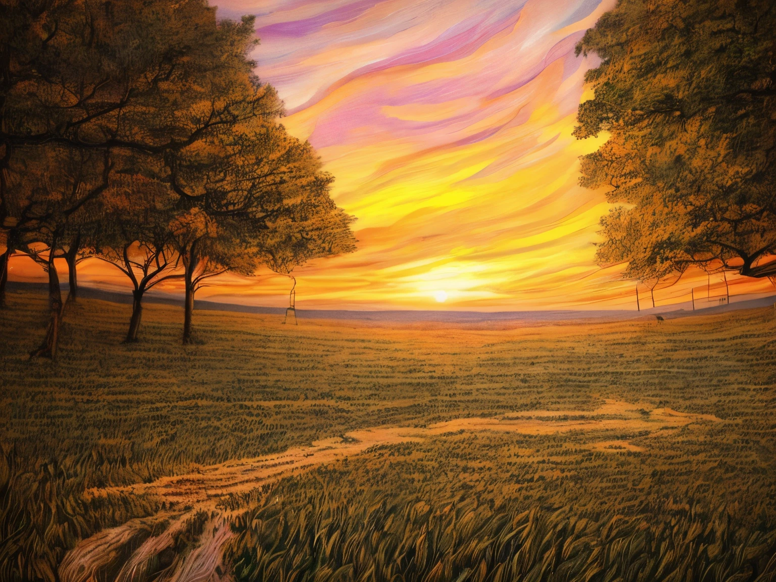 Paint a painting of a sunset with a path on a meadow plain, beautiful digital painting, Gorgeous digital painting, digital landscape art, stunning digital painting, Fantastic landscape, digital painting highly detailed, digital painted, low details. Digital painting, Detailed digital painting, highly detailed digital painting, lindo cenario, very detailed digital painting, vibrant digital painting, Amazing landscape, Beautiful landscape