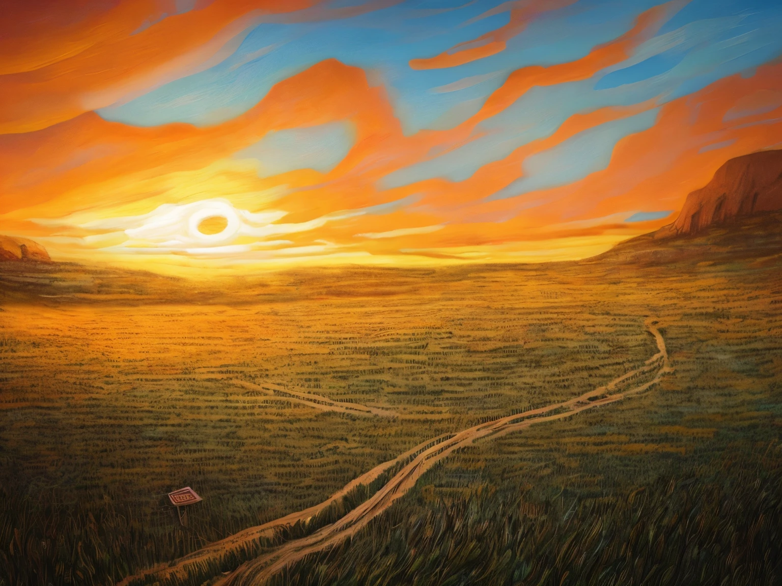 Paint a painting of a sunset with a path on a meadow plain, beautiful digital painting, Gorgeous digital painting, digital landscape art, stunning digital painting, Fantastic landscape, digital painting highly detailed, digital painted, low details. Digital painting, Detailed digital painting, highly detailed digital painting, lindo cenario, very detailed digital painting, vibrant digital painting, Amazing landscape, Beautiful landscape