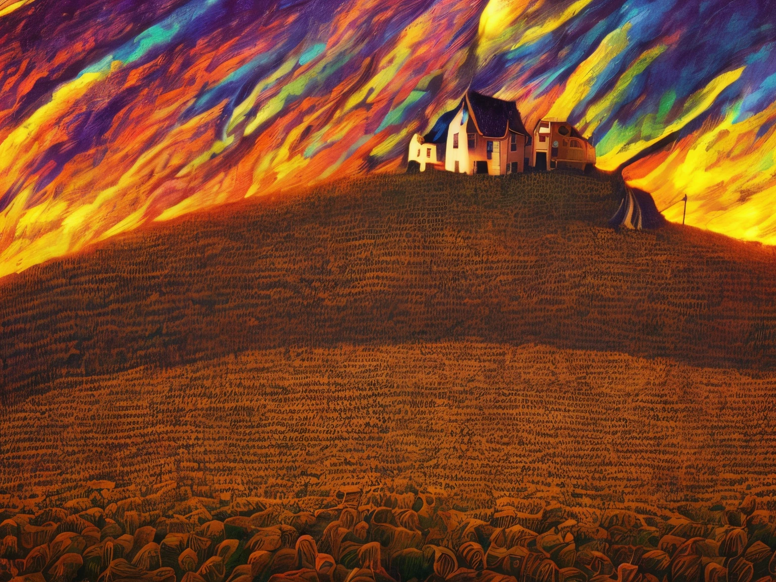 ((Midsummer Dusk)),sunflowers fields、twlight,Green Flash,landscapes,(Best Impact:1.5), (maximalism:1.7),Vivid contrast, (Realistic), hyperrealistic illustrations, hight resolution, ultra-detailliert, absurderes,(Fractal Art:1.3),Retro、Precise focus、cinema4d、Drama, vangoh masterpiece