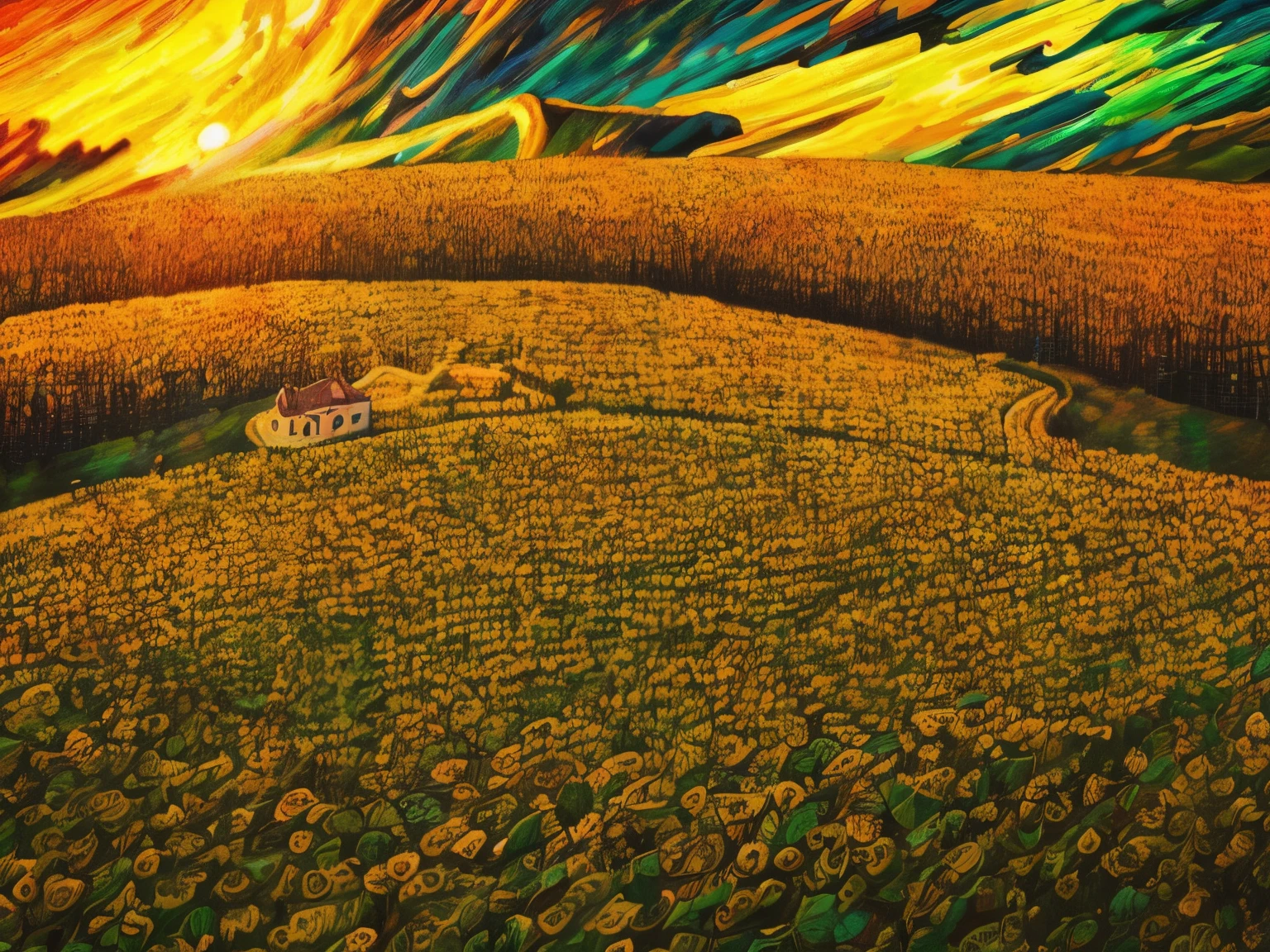 ((Midsummer Dusk)),sunflowers fields、twlight,Green Flash,landscapes,(Best Impact:1.5), (maximalism:1.7),Vivid contrast, (Realistic), hyperrealistic illustrations, hight resolution, ultra-detailliert, absurderes,(Fractal Art:1.3),Retro、Precise focus、cinema4d、Drama, vangoh masterpiece