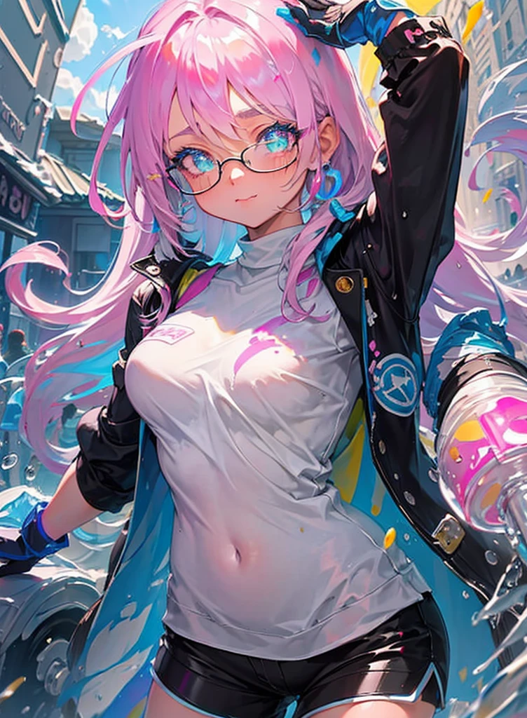 whole body, 1 girl, Change, One, Eye Focus,Masterfully crafted radiance, Pink highlights, Cinematic background,Colorful, hyper details, HDR, Ultra detailed eyes, mature, plump, Rainbow drop pattern,(supermodel:1.3), Made of paint, completely paint, flip flop, splash, in room, (bioluminescent hair:1.1),(sparkling eyes), ((draw up)), furious, powerfull, splashes of colour absolutely eye-catching, Dynamic angle, beautiful detailed glow, ambient occlusion, Ambient light, ray-traced reflections, retro style, living arcade characters, arcade style world, gloves, jacket,Weapon, shorts, black gloves, black jacket, A gun, drill hair, black shorts, glasses on head, soap bubble, bubblegum, (cute face:1.3),