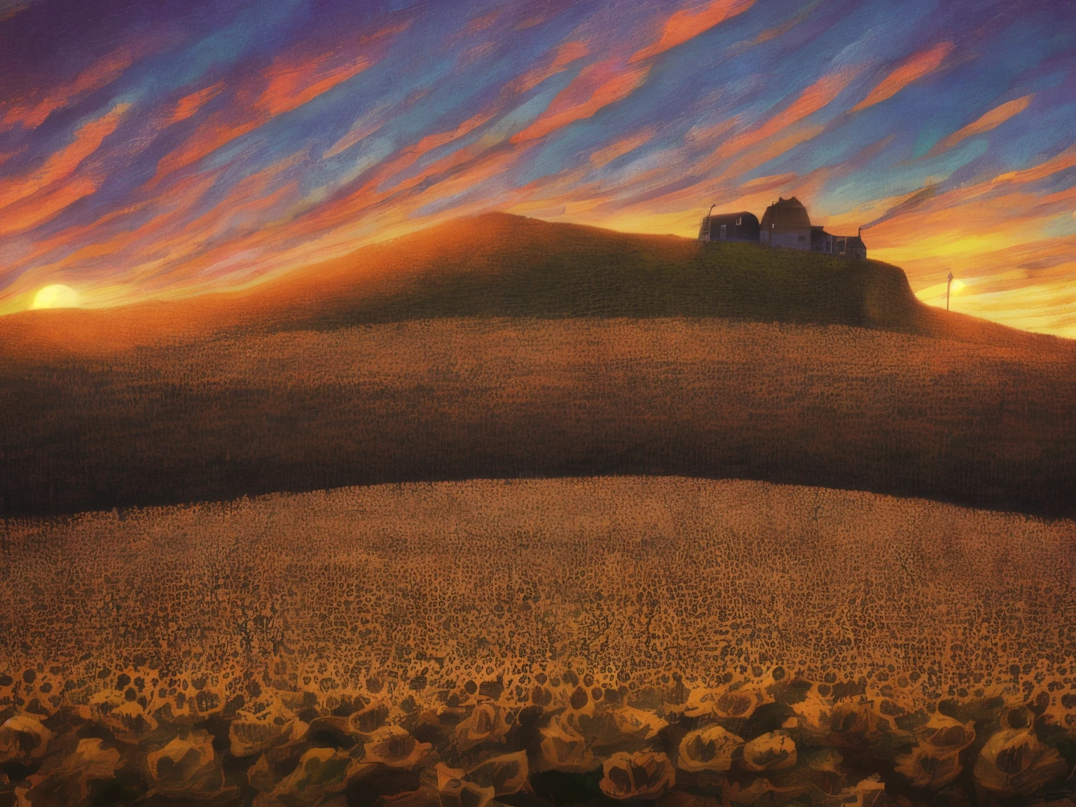 ((Midsummer Dusk)),sunflowers fields、twlight,Green Flash,landscapes,(Best Impact:1.5), (maximalism:1.7),Vivid contrast, (Realistic), hyperrealistic illustrations, hight resolution, ultra-detailliert, absurderes,(Fractal Art:1.3),Retro、Precise focus、cinema4d、Drama