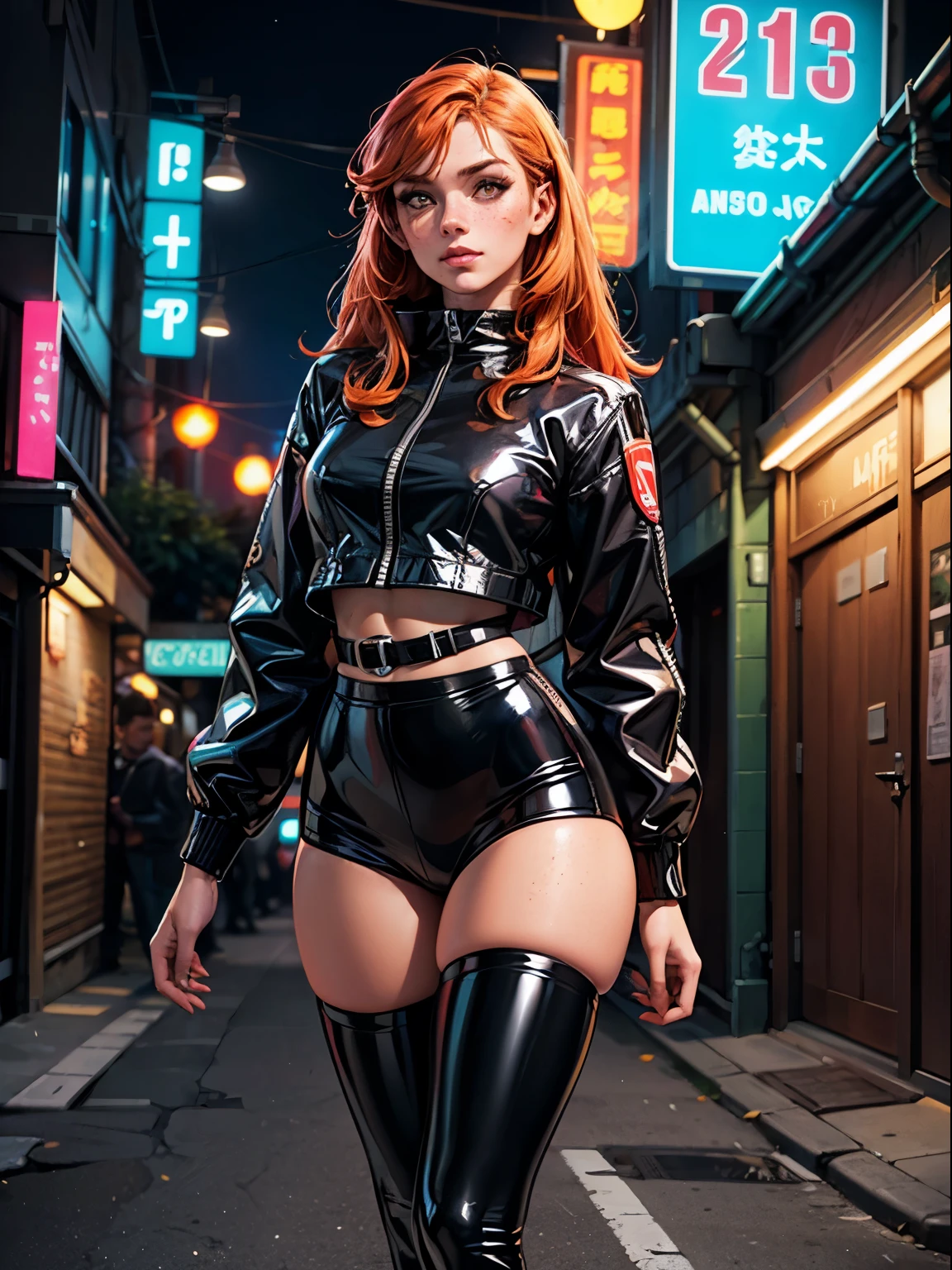 lat3xr1d1ingjack3t, thighhighs, long sleeves, latex underwear, standing, latex jacket, riding cropsimple background, Fr3ckles, freckles, long hair, ginger hair, solo, modern day alley in background, alley, neon lights, nights