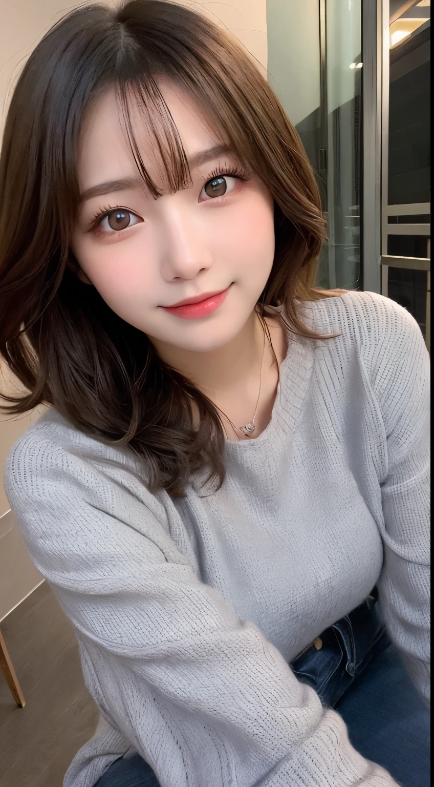 table top, highest quality, shape, Super detailed, finely, High resolution, 8k wallpaper, 完璧なダイナミックな構shape, beautiful and detailed eyes, Latest trend fashion Tokyo winter clothes,medium hair, small breasts, natural color lip,smile,20 year old girl、midnight、beautiful and detailed face、perfect and beautiful face、slim face and style,spread your arms wide,Big eyes,Take a photo from below the knees at a face angle、small face、beautiful detailed face、perfect and beautiful double eyelids