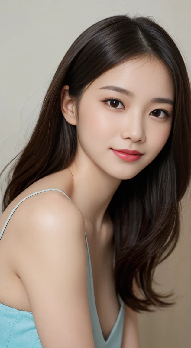 She has long silky black hair, slightly curled at the ends, creating a feminine and graceful beauty. Her eyes are big, bright, showing intelligence and sophistication. She has a tall, delicate nose, along with soft, rosy lips that always have a big smile. Her face is oval in shape, fitting in the golden ratio, providing a balanced and harmonious beauty. She has fair, smooth, spotless skin. She has a well-fitted body, full bust, slim bust, sexy bust. She always dresses elegantly, delicately, to suit each situation and event. She has a positive, healthy lifestyle that cares about herself and others. She is a confident, active and attractive Asian woman.