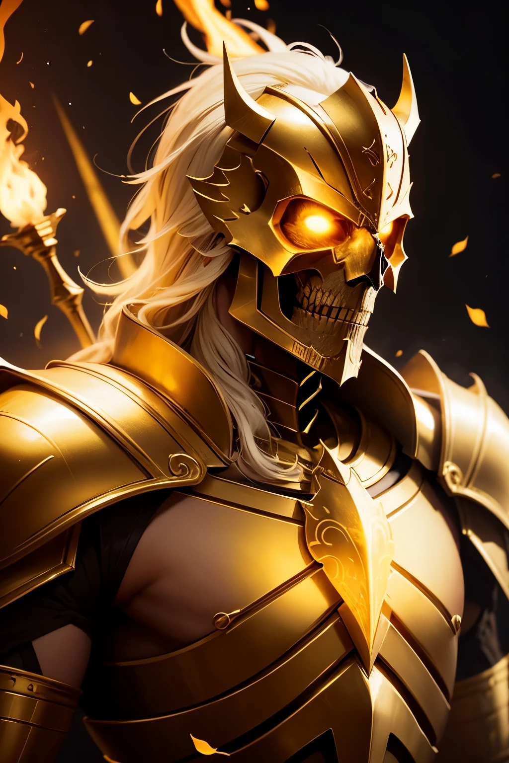 golden knight, skeleton warrior, yellow flame, golden aura, portrait, cinematic lighting.