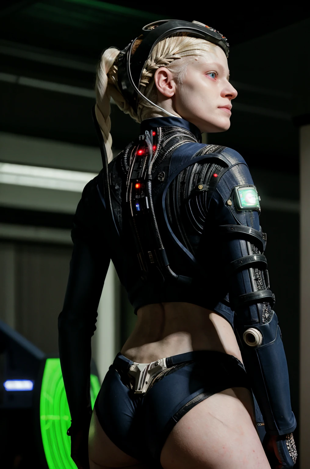 borg woman casey, (cable:1.4), 

[(pale white:.1) (Natural:1) (skin:1.3)::8]
[[(Natural:1.1) (pale white:.9) (skin:1.3):8]::16]
[(Natural:1) (pale white:1.3) (skin:1.3):16]
 [(with:.01) (beauty_marks:.01):6], 

[(bald:.15)::7], [[(long light blonde hair:1):5]::12], [(long light blonde hair:1.3):12], [(blue eye:1):6], [albino Nordic:8], back view, 

(medium shot:1.4), (cybernetic:.1) (cyborg:.15) (bikini:1) (with laser led lights:1), [borg implants::6], assimilation, 

[young:4], front light, fit, well lit, sunny, bright, [(led lights, laser lights:.01):8], detailed skin,  photograph, detailed, high resolution, RAW photo, in frame, 

[BREAK:8] 
[(many beauty_marks and:.01) (many light moles on her skin:1.2):8], 

[BREAK (light brown moles:.1):12]