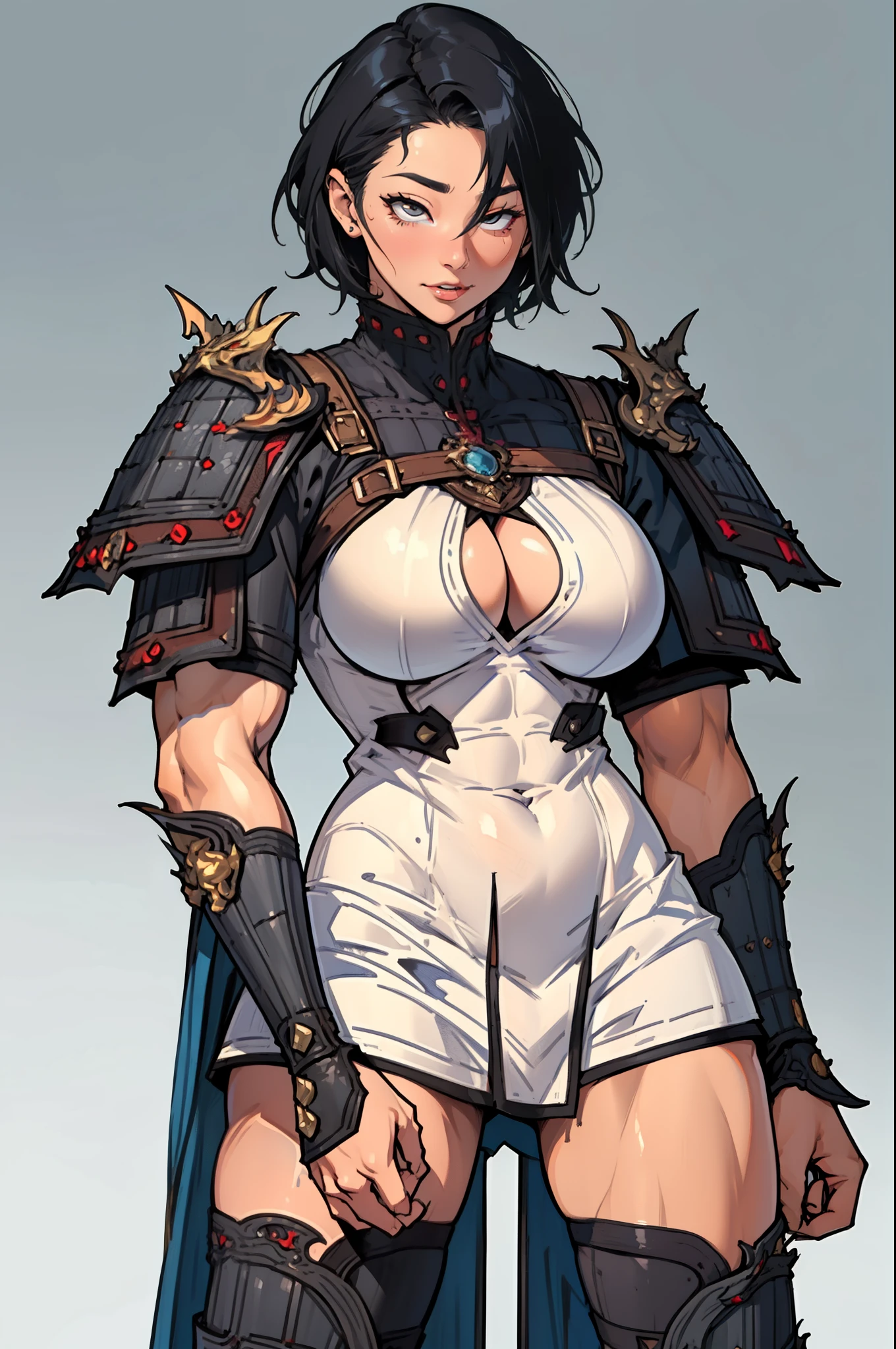 (high resolution, pixel perfect, gorgeous illustrations), (hyper quality, muste piece, etheric: 1.4),(solo:1.4), black hair, (((very short hair))), ((spike hair)), pale skin, (((((((muscular))))))), ((thick thighs)), (((wide hips))), ((Big breasts that are about to burst)), (((woman))), ((((mature woman)))), (((wh_chi_armor))), (High-leg armor), (lewd girl), ((gray background)), (shiny skin), ((overexposure)), ((facial lash)), ((Ahegao)), rolling eyes,