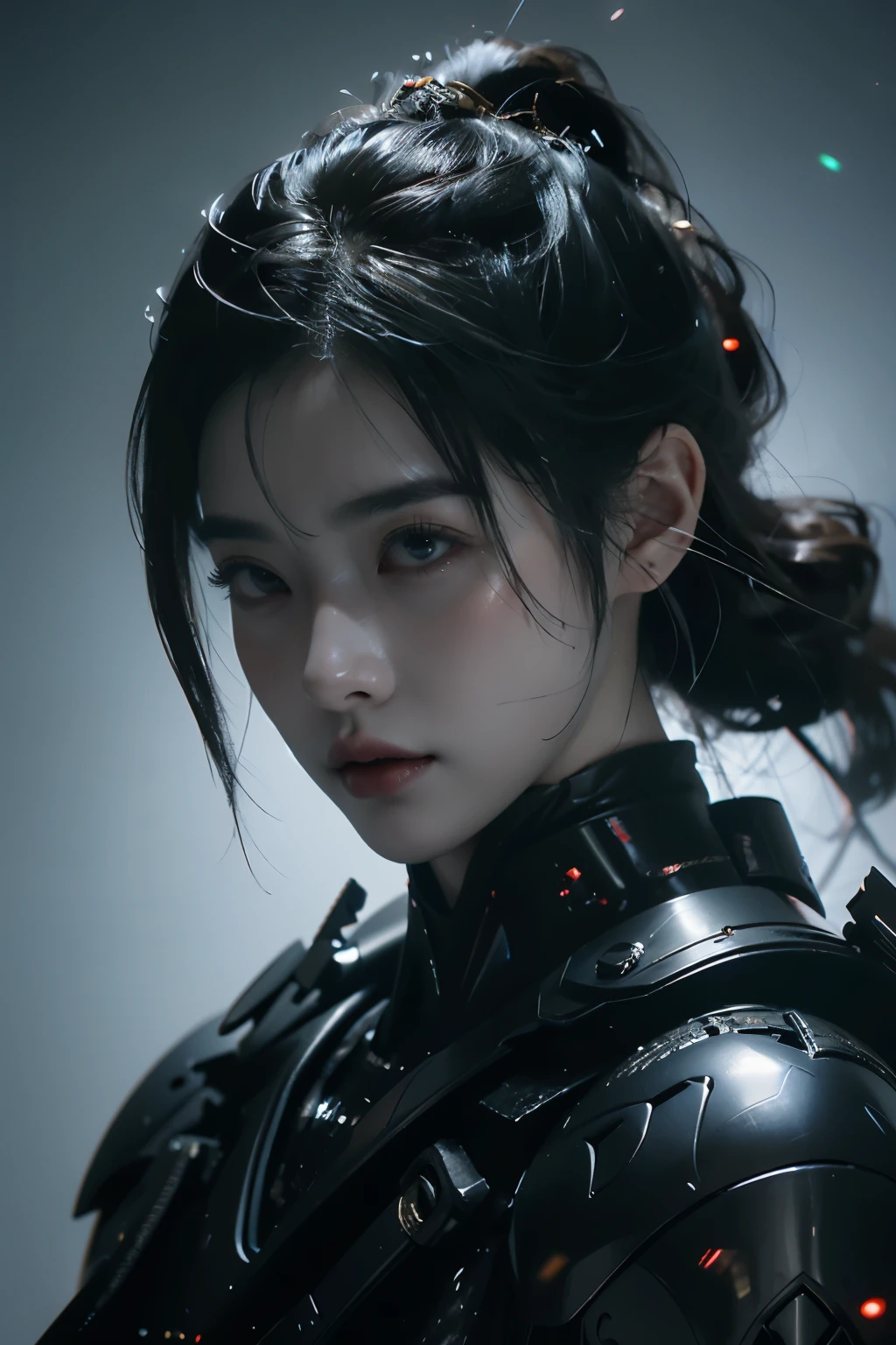 Game art，The best picture quality，Highest resolution，8K，((A bust photograph))，((Portrait))，(Rule of thirds)，Unreal Engine 5 rendering works， (The Girl of the Future)，(Female Warrior)， 22岁少女，(Female hackers)，(Ancient Oriental hairstyle)，(A beautiful eye full of detail)，(Big breasts)，(Eye shadow)，优雅迷人，冷漠，((Frown))，(Battle wear full of futuristic tech，Clothing combines futuristic power armor and police uniforms，The garments are adorned with glittering patterns and badges)，赛博朋克人物，未来风格， 拍照姿势，城市背景，Movie lights，Ray tracing，Game CG，((3D Unreal Engine))，oc渲染反射纹