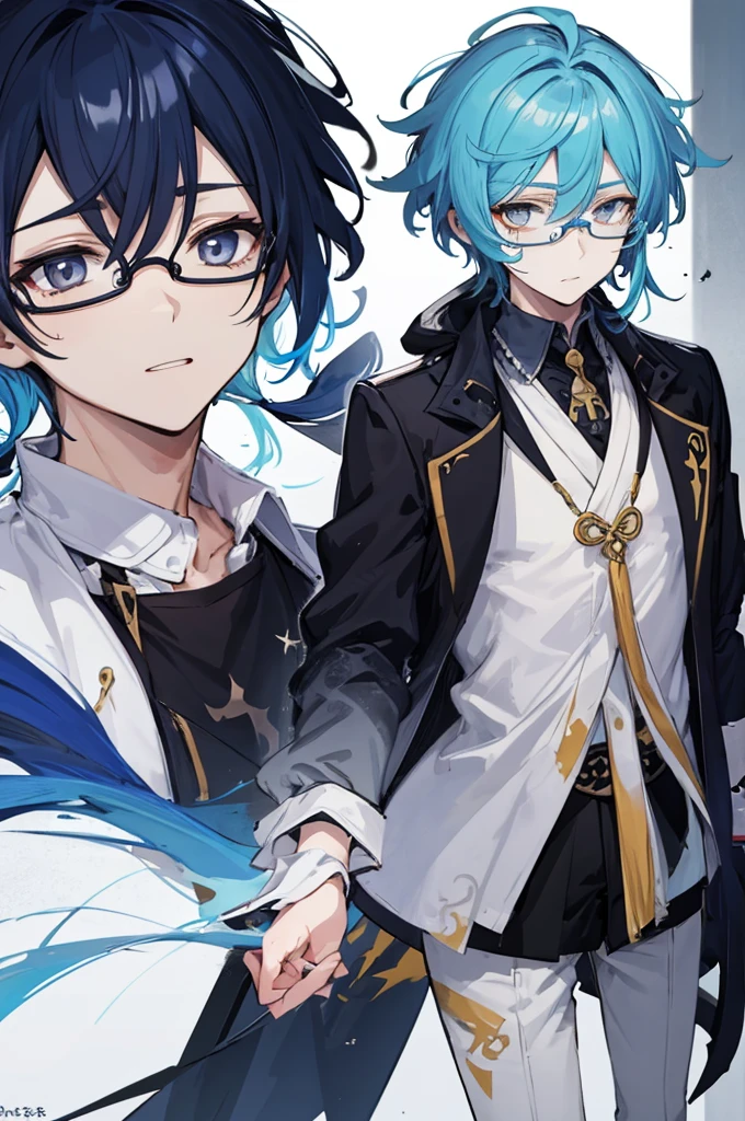 1 boy, zombie, mature, shirt,jacket, Cute, Genshin's influence, anime,blue hair, White skin, gray eyes, glasses