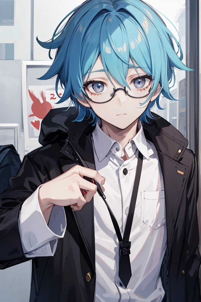 1 boy, zombie, mature, shirt,jacket, Cute, Genshin&#39;s influence, anime,blue hair, White skin, gray eyes, glasses