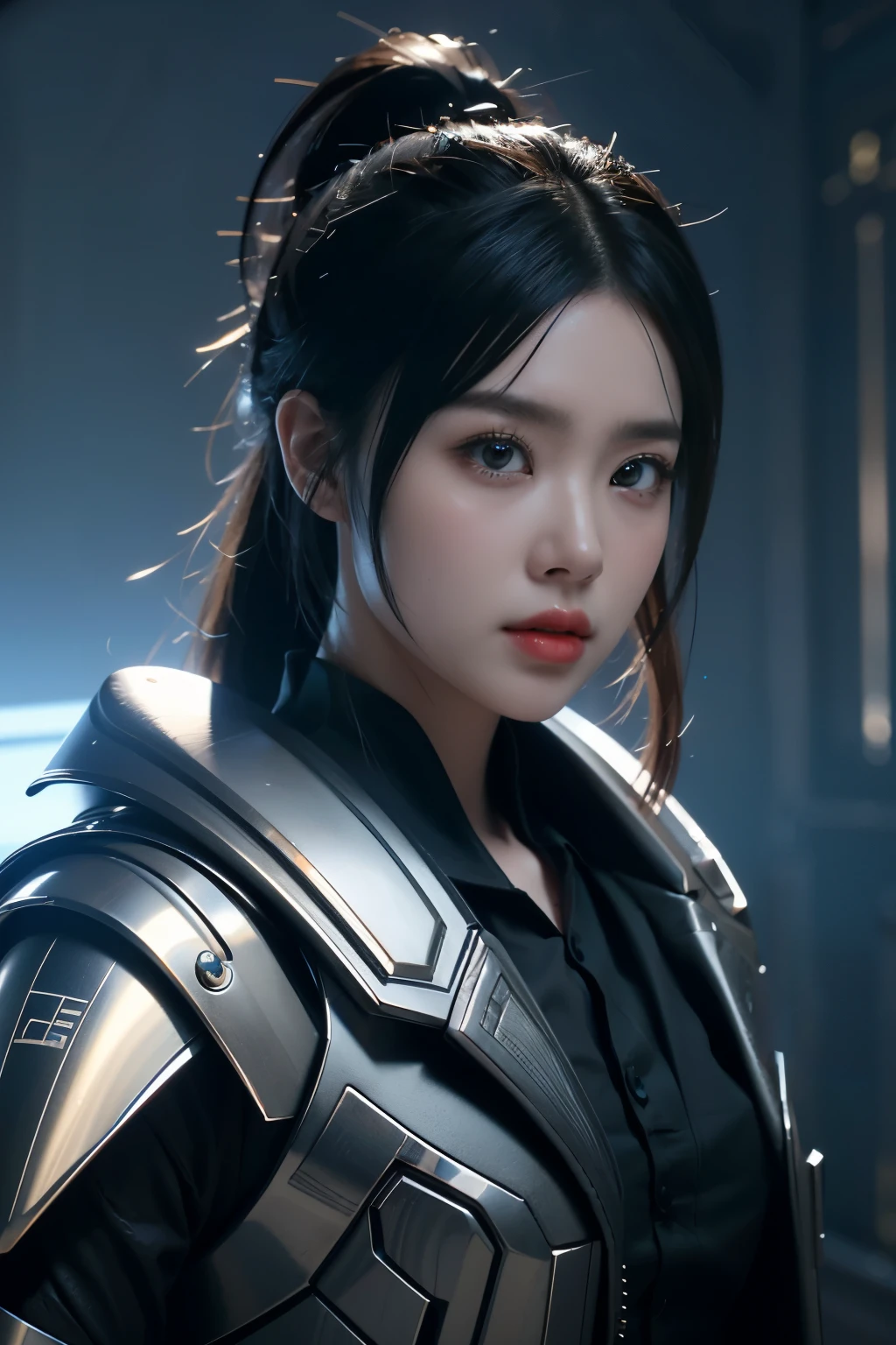 Game art，The best picture quality，Highest resolution，8K，((A bust photograph))，((Portrait))，(Rule of thirds)，Unreal Engine 5 rendering works， (The Girl of the Future)，(Female Warrior)， 22岁少女，(Female hackers)，(Ancient Oriental hairstyle)，(A beautiful eye full of detail)，(Big breasts)，(Eye shadow)，优雅迷人，冷漠，((Frown))，(Battle wear full of futuristic tech，Clothing combines futuristic power armor and police uniforms，The garments are adorned with glittering patterns and badges)，赛博朋克人物，未来风格， 拍照姿势，城市背景，Movie lights，Ray tracing，Game CG，((3D Unreal Engine))，oc渲染反射纹