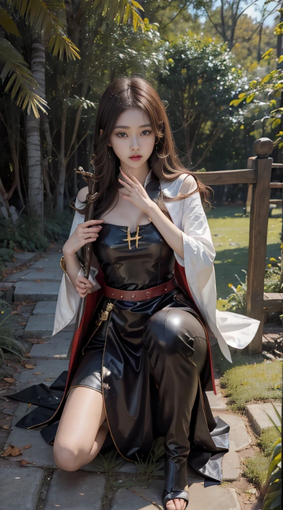 beautiful girl, holding a wizard's staff, kneel, fall, There is a slight wound., Dragon Fight