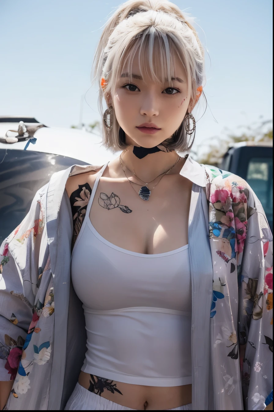 1girl, dakeda kaneshiro from windbreaker, black bra, white tank top, white kimono with floral motifs, white pants, short hair, white hair, flower tattoo on the left, earring on the left ear, necklace, ultra realistic details, 70mm lens