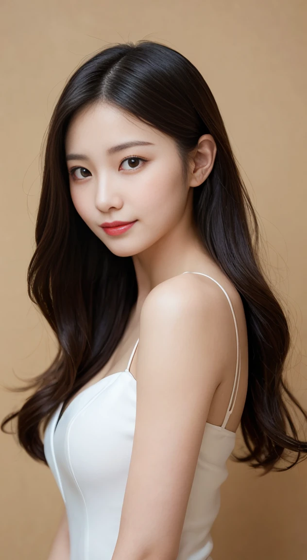 She has long silky black hair, slightly curled at the ends, creating a feminine and graceful beauty. Her eyes are big, bright, showing intelligence and sophistication. She has a tall, delicate nose, along with soft, rosy lips that always have a big smile. Her face is oval in shape, fitting in the golden ratio, providing a balanced and harmonious beauty. She has fair, smooth, spotless skin. She has a well-fitted body, full bust, slim bust, sexy bust. She always dresses elegantly, delicately, to suit each situation and event. She has a positive, healthy lifestyle that cares about herself and others. She is a confident, active and attractive Asian woman.
