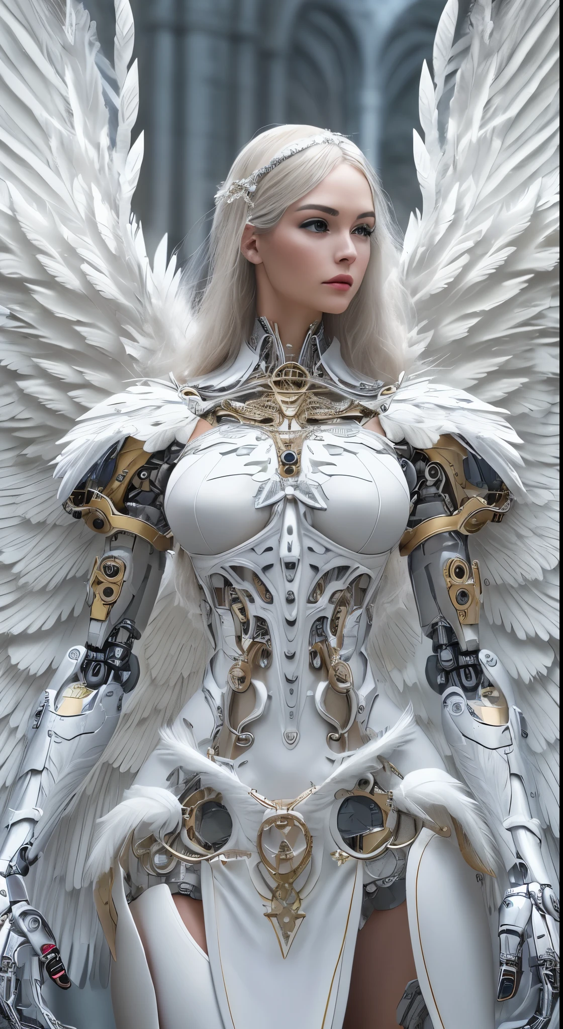 a close up of a woman in a white dress with wings, full body angel, futuristic robot angel, magnificent angel wings, angel knight gothic girl, angel in plastic armor, intricate costume design, as a mysterious valkyrie, whole body made of white feathers,, futuristic and fantastic, white wings, beautiful angelic wings, steampunk angel, beautiful cyborg angel girl, graceful wings