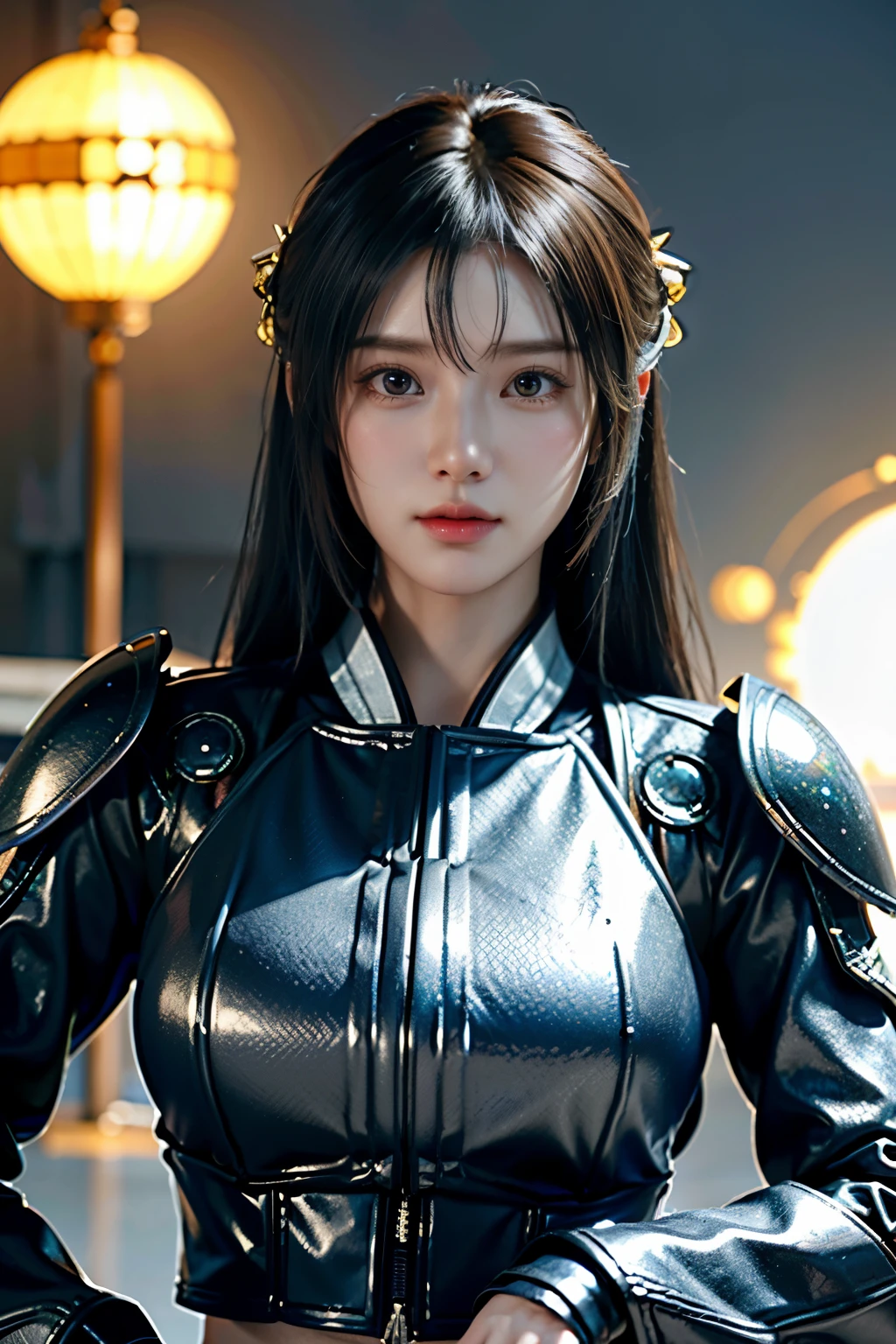 Game art，The best picture quality，Highest resolution，8K，((A bust photograph))，((Portrait))，(Rule of thirds)，Unreal Engine 5 rendering works， (The Girl of the Future)，(Female Warrior)， 22岁少女，(Female hackers)，(Ancient Oriental hairstyle)，(A beautiful eye full of detail)，(Big breasts)，(Eye shadow)，优雅迷人，冷漠，((Frown))，(Battle wear full of futuristic tech，Clothing combines futuristic power armor and police uniforms，The garments are adorned with glittering patterns and badges)，赛博朋克人物，未来风格， 拍照姿势，城市背景，Movie lights，Ray tracing，Game CG，((3D Unreal Engine))，oc渲染反射纹