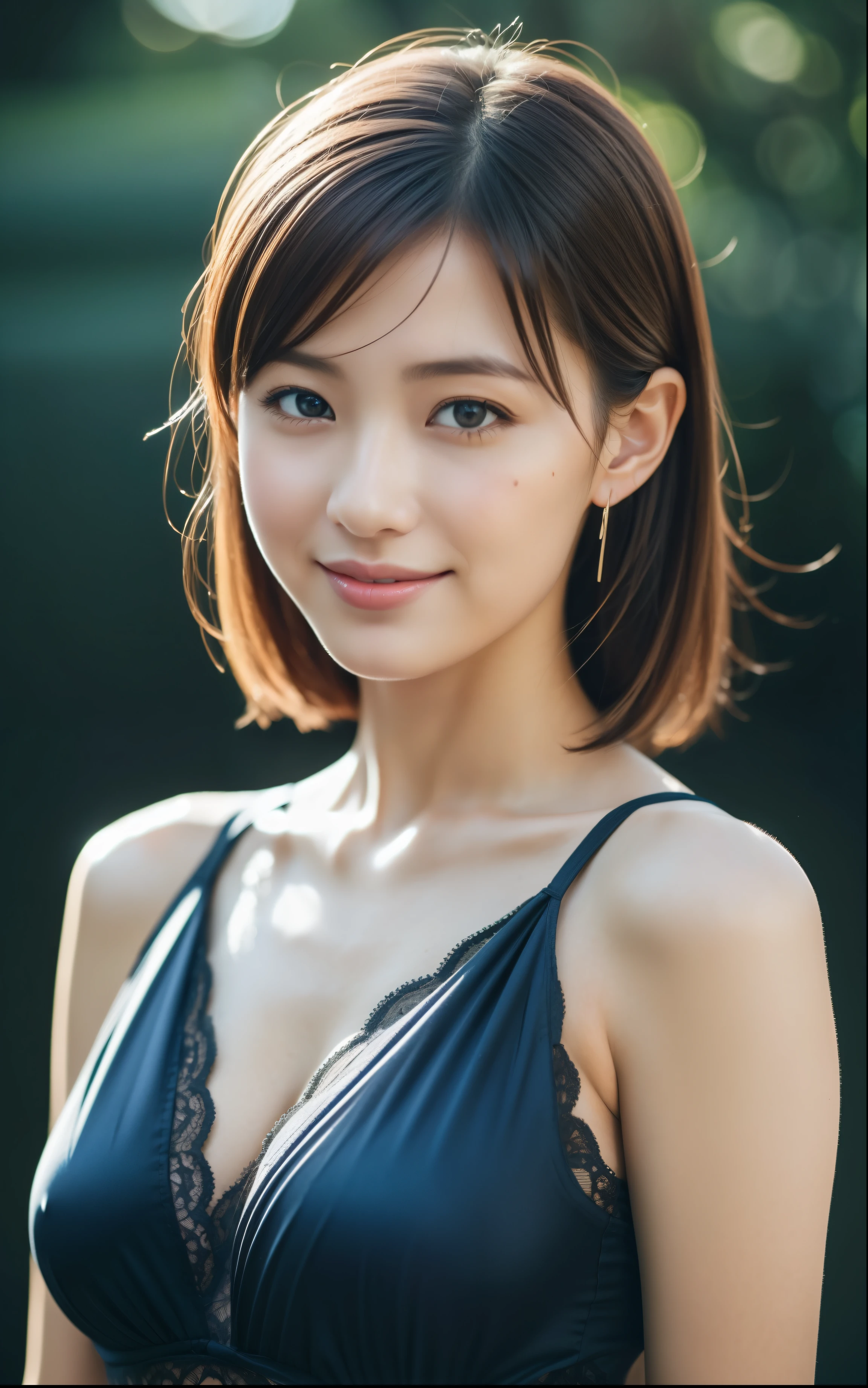 beautiful 25 year old woman。She is wearing a tight camisole made of light blue satin fabric..。Black lace on chest and hem.。smile gently。her dark brown hair、、her hair is long and straight。High resolution、masterpiece、highest quality、Head w:1.4、((Hasselblad Photos))、fine skin、fine knit、(movie lighting)、clavicle,she looks very nice. she smiles shyly. Bust Shot Portrait.