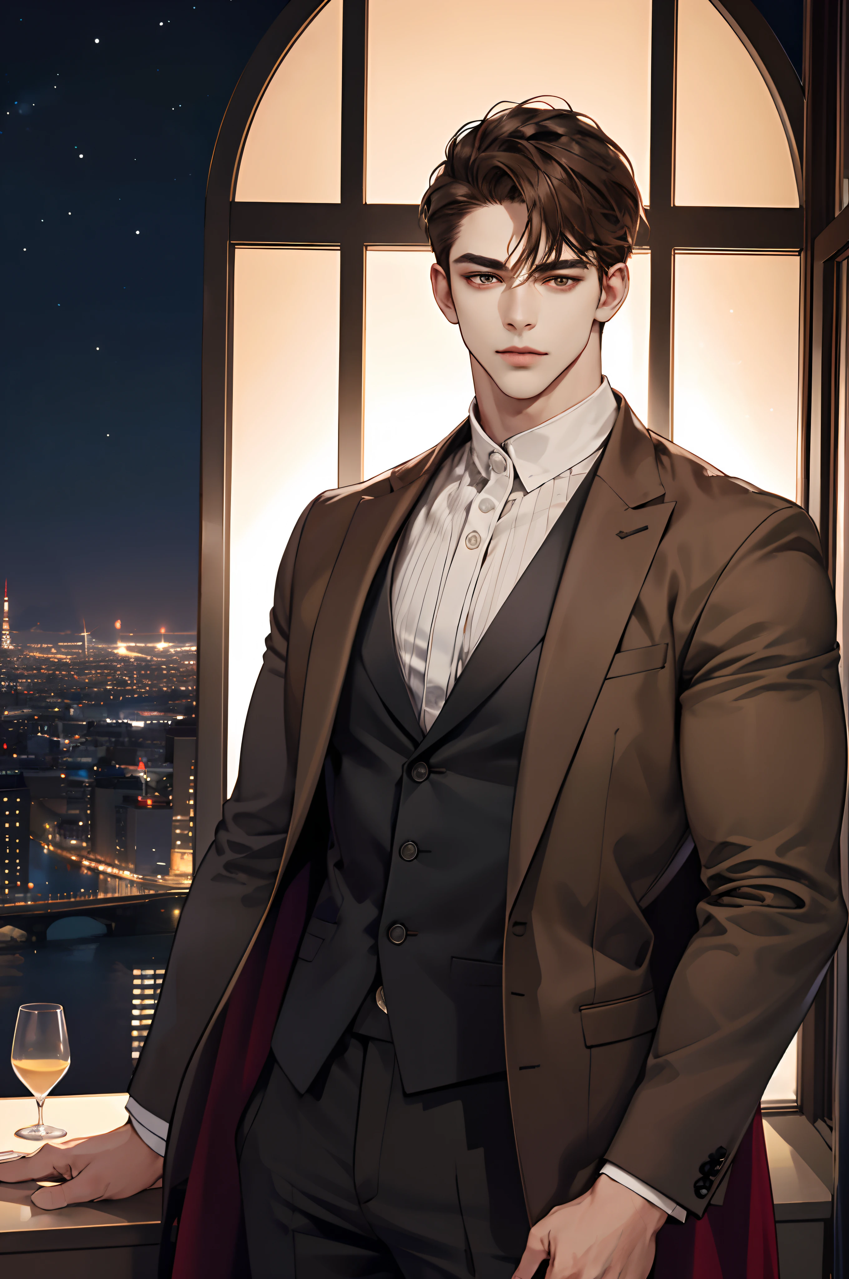 (modern day, k hd, ultra - detailed), (1male people, solo person, AS-Adult,    mature:1.4, Idade:1.4, 年轻, Tall muscular man, Handsome), Very short hair, brunette color hair, Hair oil, with brown eye,(Pointed chin:1.4,Thick neck:1.4,),the night,Dark,Look at the night view of the city through the large window,brown suit,tiese,full bodyesbian,luxury goods，luxury goods，