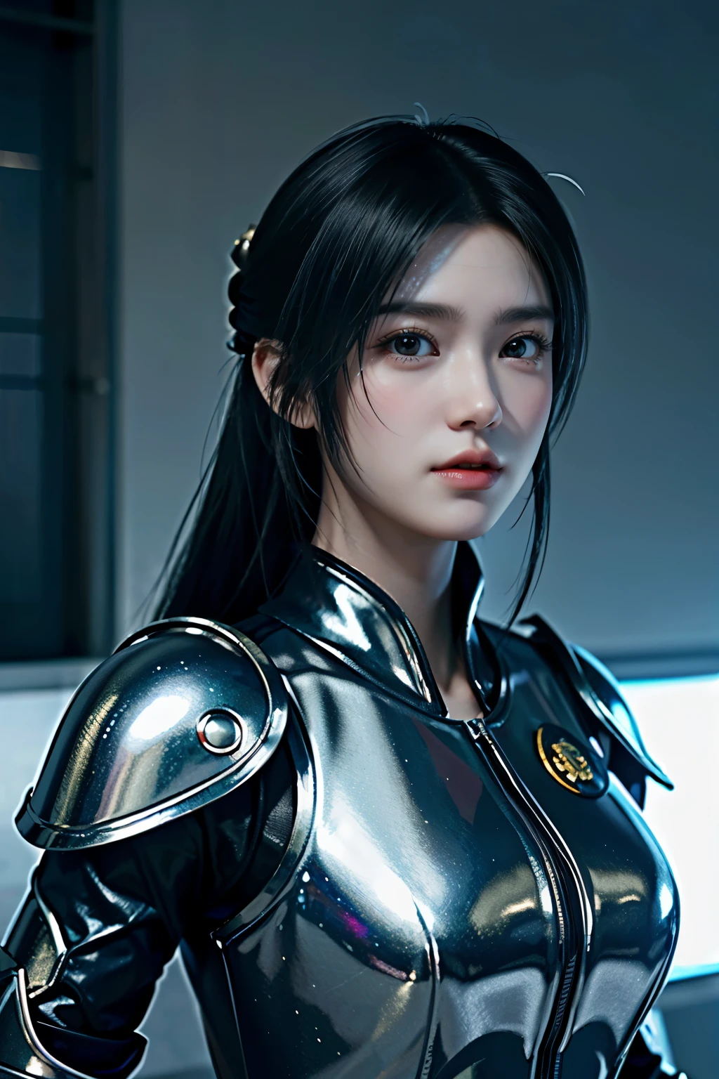 Game art，The best picture quality，Highest resolution，8K，((A bust photograph))，((Portrait))，(Rule of thirds)，Unreal Engine 5 rendering works， (The Girl of the Future)，(Female Warrior)， 22岁少女，(Female hackers)，(Ancient Oriental hairstyle)，(A beautiful eye full of detail)，(Big breasts)，(Eye shadow)，优雅迷人，冷漠，((Frown))，(Battle wear full of futuristic tech，Clothing combines futuristic power armor and police uniforms，The garments are adorned with glittering patterns and badges)，赛博朋克人物，未来风格， 拍照姿势，城市背景，Movie lights，Ray tracing，Game CG，((3D Unreal Engine))，oc渲染反射纹