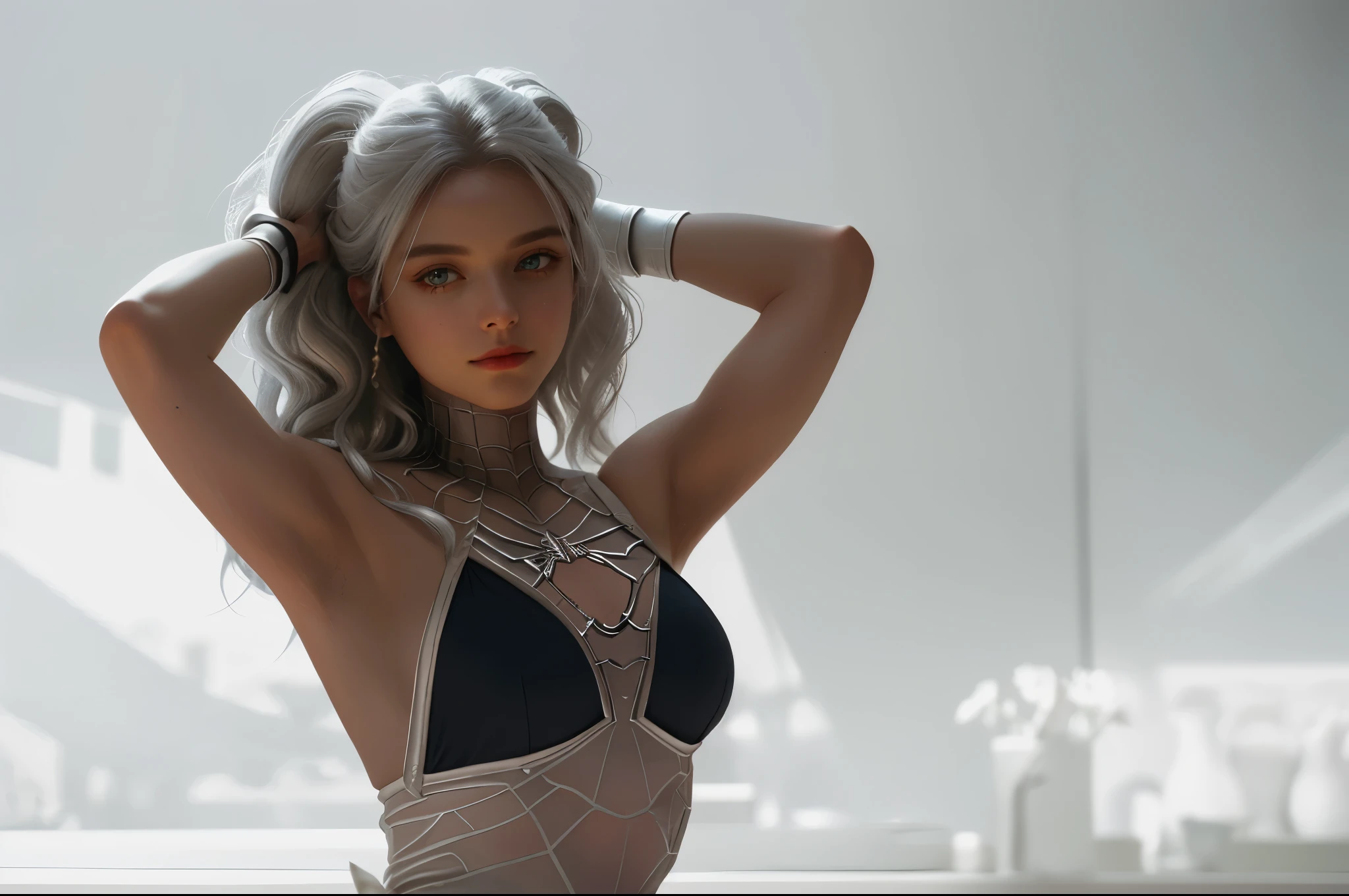 white hair, color contact lenses, longeyelashes, smile, Cameltoe, A beautiful girl, Exquisite Face, no panties, Sheer slip dress, Turn your back to the person, TATTOOS, high detail, modern, Contemporary art, Verism, chiaroscuro, cinematic lighting, panorama, f/2.8, UHD, ccurate, high details, high quality, super detail, textured skin --auto --s2
