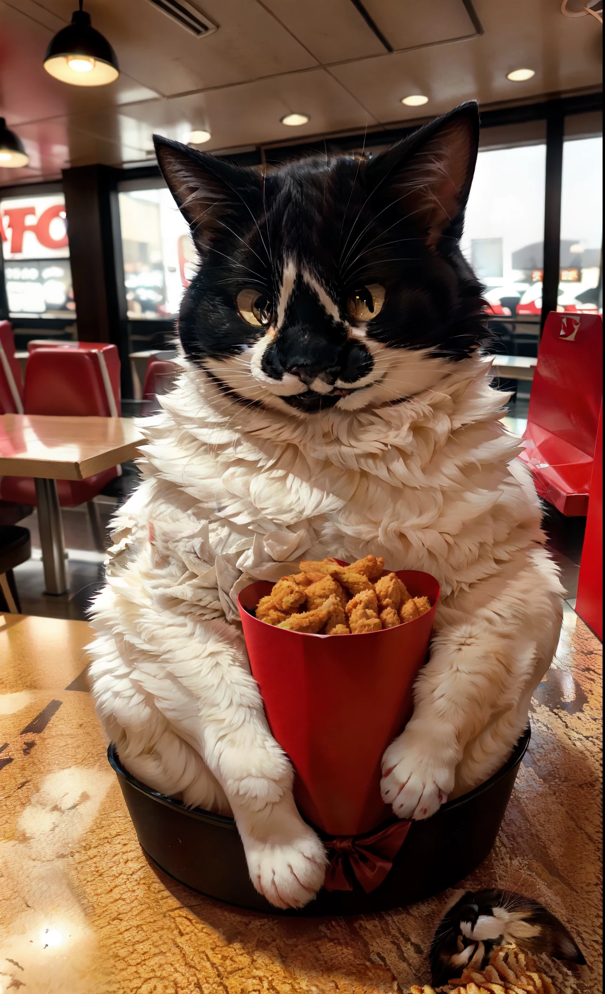 Leo, feral, black and white cat, fluffy, yellow cat eyes, cute cat, inside of a kfc, smiling, happy, surrounded by fried chicken, in a kfc restaurant, popping out of a kfc bucket