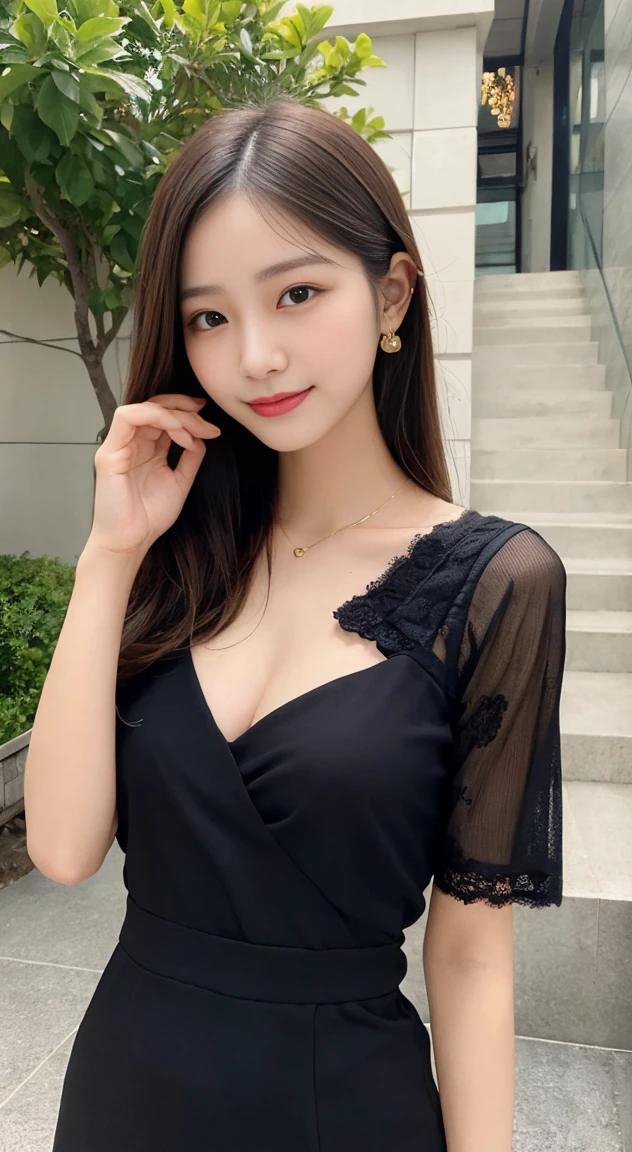 She has long silky black hair, slightly curled at the ends, creating a feminine and graceful beauty. Her eyes are big, bright, showing intelligence and sophistication. She has a tall, delicate nose, along with soft, rosy lips that always have a big smile. Her face is oval in shape, fitting in the golden ratio, providing a balanced and harmonious beauty. She has fair, smooth, spotless skin. She has a well-fitted body, full bust, slim bust, sexy bust. She always dresses elegantly, delicately, to suit each situation and event. She has a positive, healthy lifestyle that cares about herself and others. She is a confident, active and attractive Asian woman.