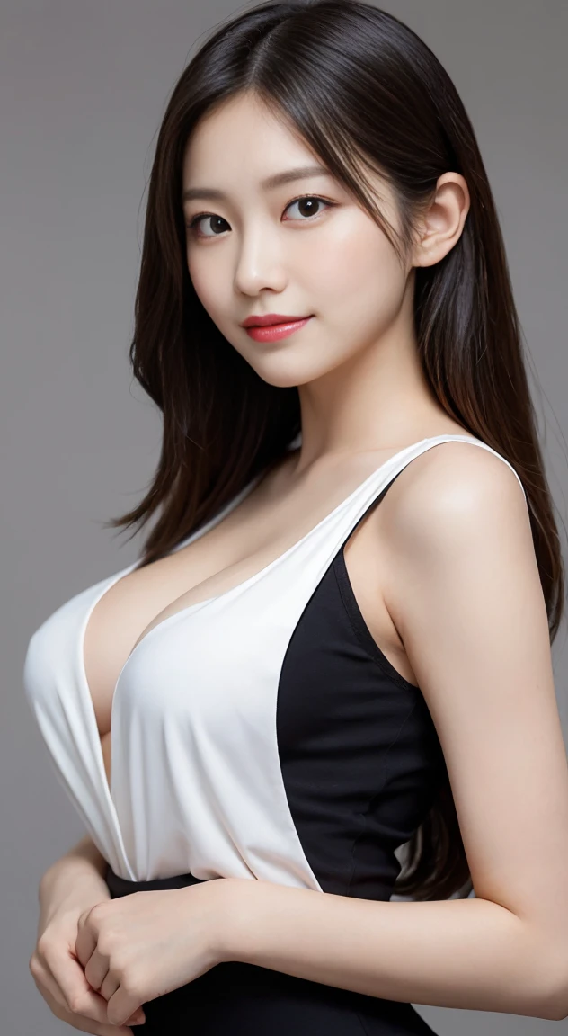 She has long silky black hair, slightly curled at the ends, creating a feminine and graceful beauty. Her eyes are big, bright, showing intelligence and sophistication. She has a tall, delicate nose, along with soft, rosy lips that always have a big smile. Her face is oval in shape, fitting in the golden ratio, providing a balanced and harmonious beauty. She has fair, smooth, spotless skin. She has a well-fitted body, full bust, slim bust, sexy bust. She always dresses elegantly, delicately, to suit each situation and event. She has a positive, healthy lifestyle that cares about herself and others. She is a confident, active and attractive Asian woman.