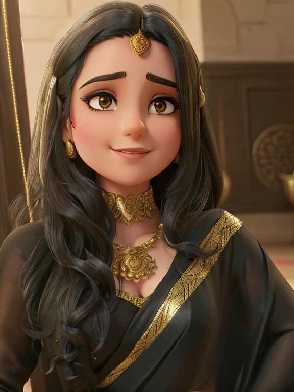 Young woman, wearing black saree with golden border , black hair, looking at camera, wearing golden jhumke and having bindi on forehead