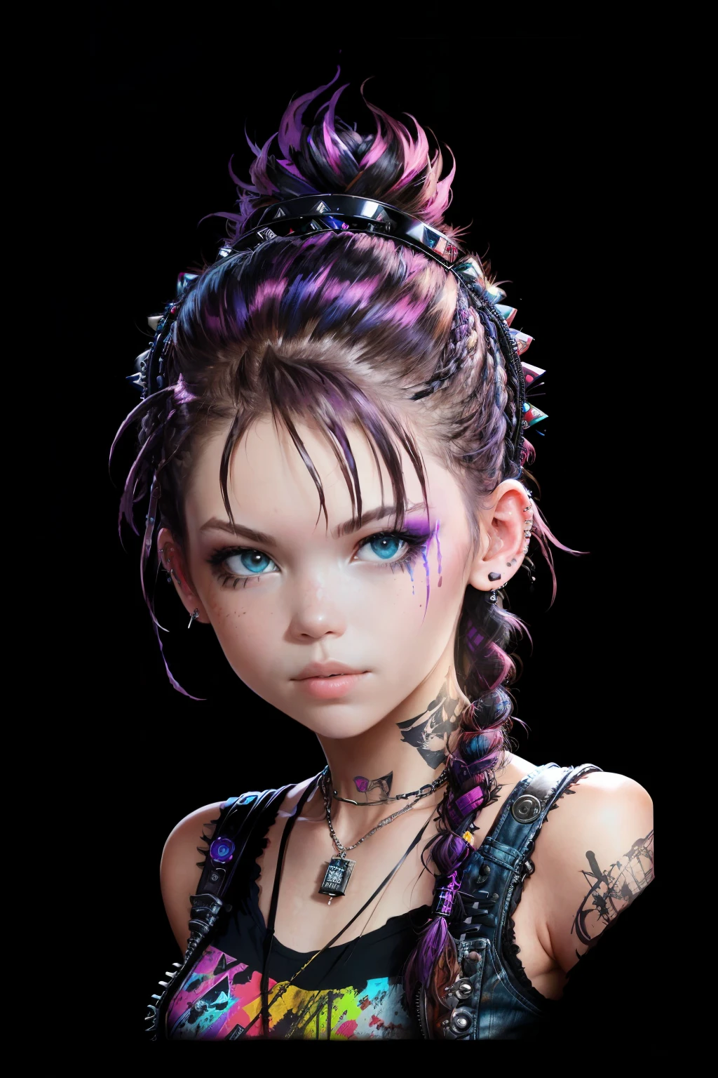 In the foreground, a close-up view of a punk girl's silhouette is vividly highlighted against a black background. Her punk attire includes a grunge checkered short dress and high boots, adding to her edgy charm. Her long braid cascades down her back, adorned with metal studs and piercings. In the frame, a polaroid effect creates a sense of nostalgia and high detail, making each imperfection and texture stand out.
This illustration is a tribute to the inspiring works of dynamic artists such as Jim Mahfood, Henry Asensio, Greg Rutkowski, Craig Davison, Jenny Saville, Bernie Wrightson, and Frank