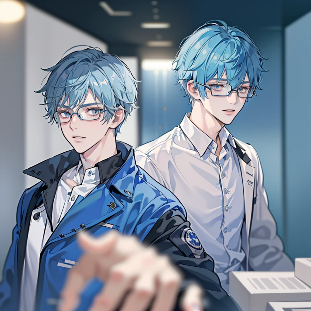 beste-Qualit,extra high resolution,2Man,light-blue hair,navy blue hair,Short hair,Smile with,red eyes,White laboratory coat、red tie,Half-body,looking a viewer,Experimenter,scientists,2 agers,Twins,laboratory,laboratory,Anime style, (/laboratoryoratory background 1.5)
