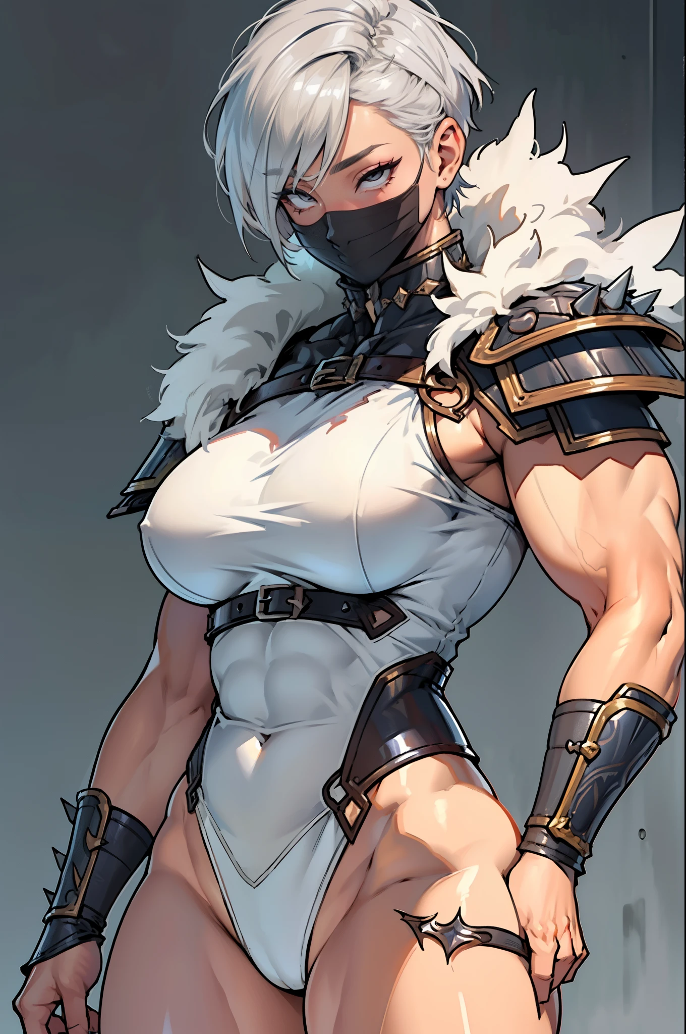 (high resolution, pixel perfect, gorgeous illustrations), (hyper quality, muste piece, etheric: 1.4),(solo:1.4), (((very short hair))), ((spike hair)), pale skin, (((((((muscular))))))), ((thick thighs)), (((wide hips))), ((Big breasts that are about to burst)), (((woman))), ((((mature woman)))), (((wh_chi_armor))), (leotard), (lewd girl), ((gray background)), (shiny skin), ((overexposure)), ((facial lash)), ((Ahegao)), rolling eyes,