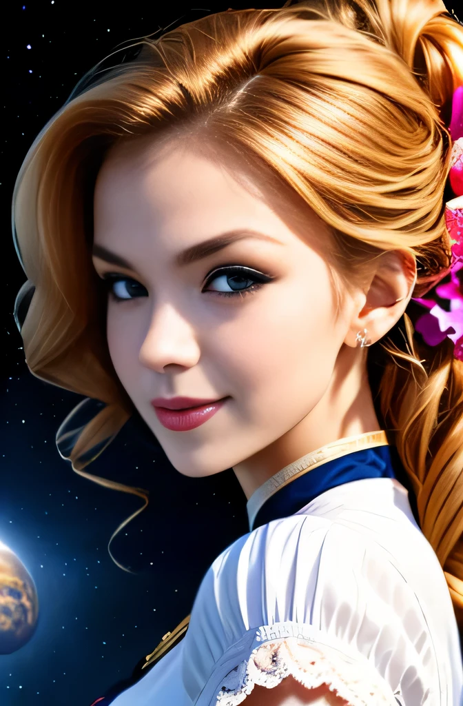 ((close up of face)), (Highly detailed CG Unity 8K wallpaper, masterpiece, 最high quality), (exquisite light and shadow, very dramatic picture, cinematic lens effects), (sailor moon), delicate features, plump body, double ponytail, blue eyes, long blonde hair, tight top, white gloves, mini skirt, black stockings, dynamic pose), ((The background is space)), (excellent details, excellent lighting, wide angle), (Excellent rendering is、Enough to stand out in its class), muste piece, best quality, Super detailed, masterpiece, 最high quality, high quality, high resolution、unparalleled beauty、((Complex and colorful costumes))、Poses with various movements、smile